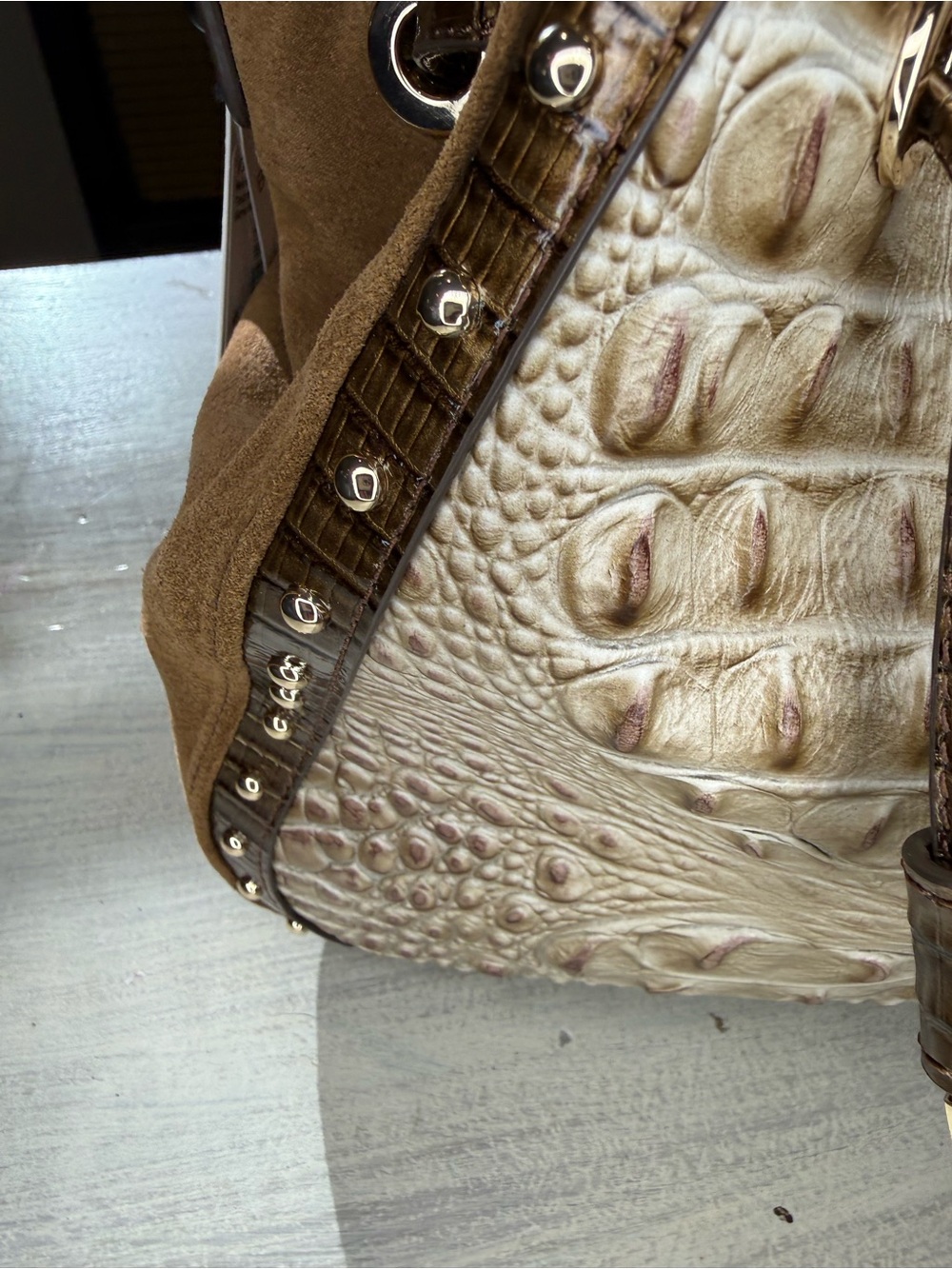 Brahmin Melinda Taupe Ensemble Brown Suede & Cream Drawstring Bucket Crossbody - Picture 12 of 14